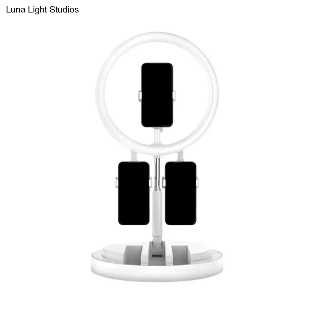 White ring light stand with three phone holders in black white pink featuring usb port for 220v-240v use