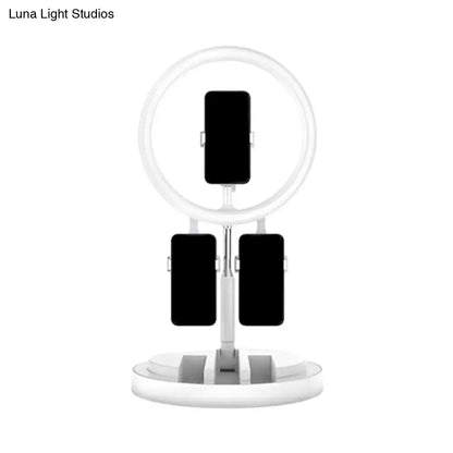 White ring light stand with three phone holders in black white pink featuring usb port for 220v-240v use