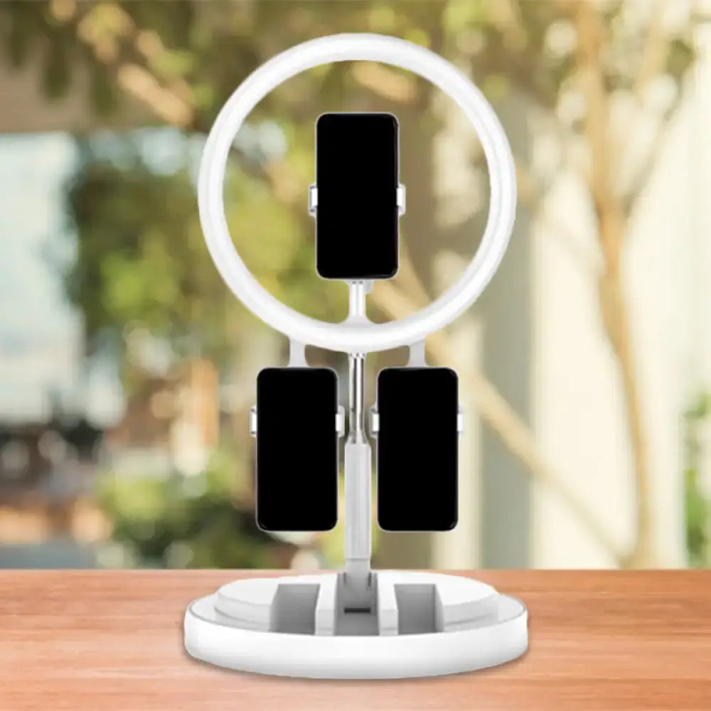 White ring light stand with three phone holders in portable pink and white led ring light with usb port 220v-240v