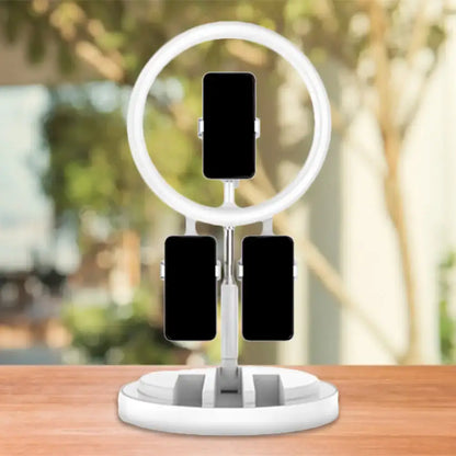 White ring light stand with three phone holders in portable pink and white led ring light with usb port 220v-240v