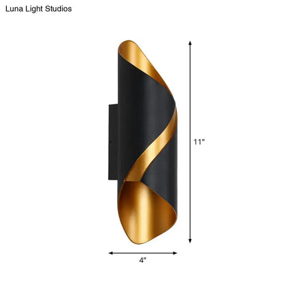 Post-modern black and gold spiral wall light with sleek modern design ideal as a wall lamp for living rooms or tube bathroom use