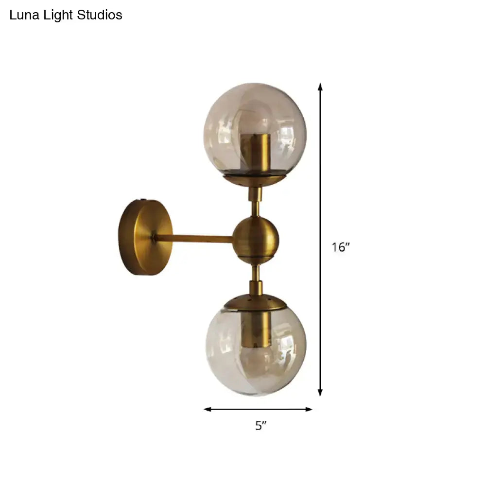 Post modern brass and amber glass wall light with two spherical glass globes for bedroom e26 e27 sconce