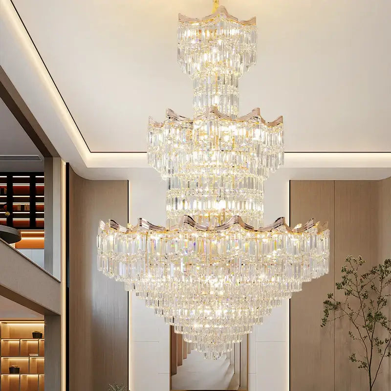 Post modern gold crystal duplex chandelier with cascading clear glass prisms by decorbites crystal duplex for living room lighting