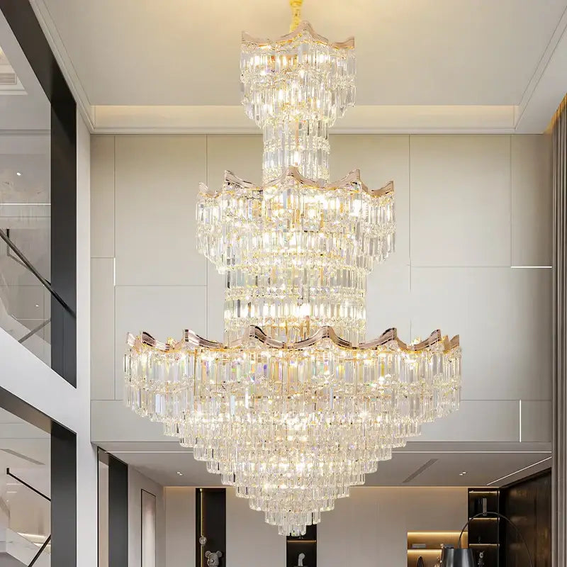 Post modern gold crystal duplex chandelier with cascading clear glass prisms by decorbites for living room lighting