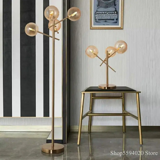 Post-modern gold floor lamp and matching table lamp with decorbites glass bubble ball design for living room use