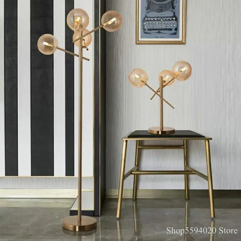 Post-modern gold floor lamp and matching table lamp with decorbites glass bubble ball design for living room use