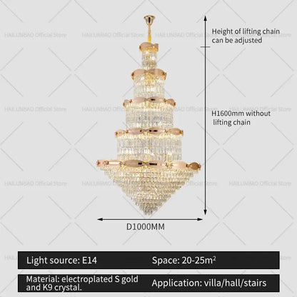Post-modern gold grand hall crystal chandelier with golden electroplated frame and k9 crystals for elegant decorbites grand hall