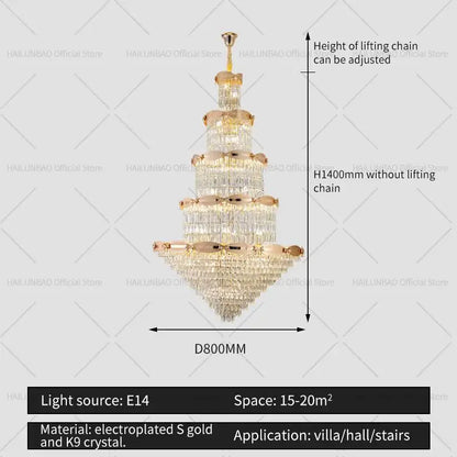 Elegant multi-tiered gold-plated brass and k9 crystal hall crystal chandelier for decorbites grand hall spiral staircase light