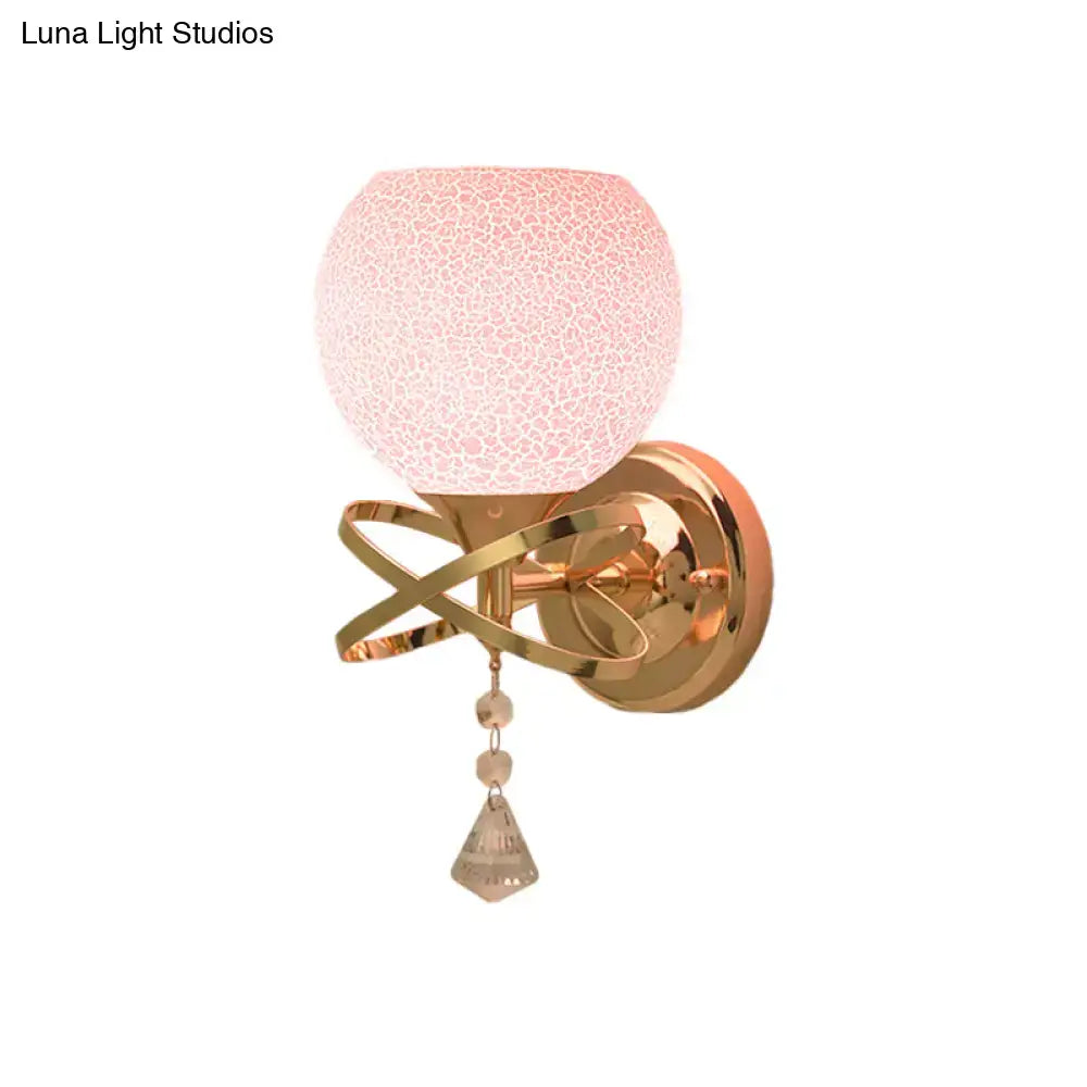 Post modern gold pink cracked glass wall lamp light fixture with metal arms and dangling crystal pendant for bedroom use
