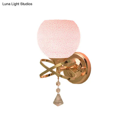 Post modern gold pink cracked glass wall lamp light fixture with metal arms and dangling crystal pendant for bedroom use