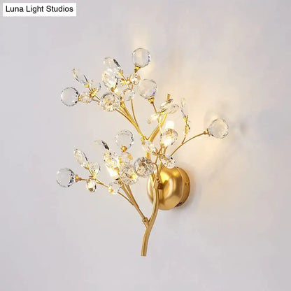 Post modern luxury gold crystal branch wall sconce with clear orbs and leaves for modern luxury branch style lighting