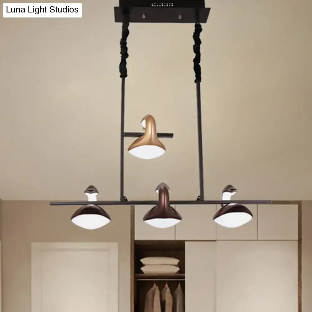 Industrial-style multicolored hanging pendant light with black metal frame and bronze dark brown lampshades linear chandelier