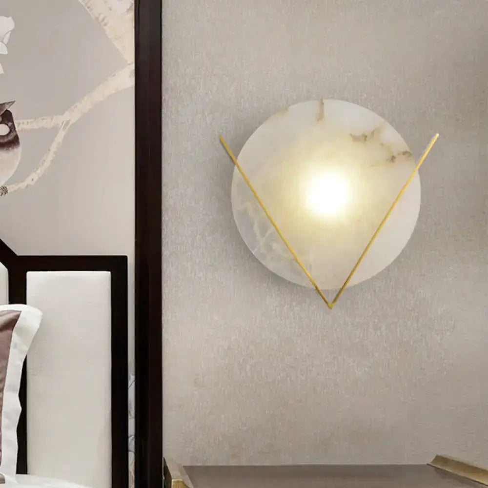 Post modern white marble and gold wall light sconce with a round panel wall design for bedroom lighting