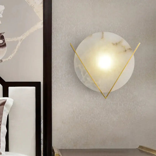 Post modern white marble and gold wall light sconce with a round panel wall design for bedroom lighting