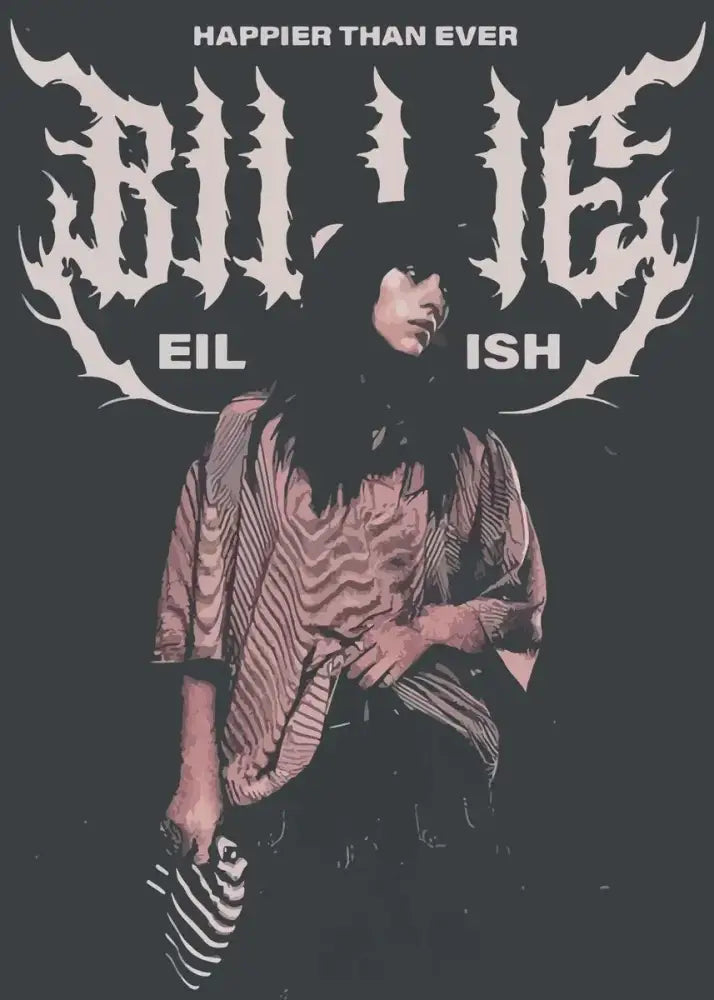 Black and white stylized graphic tee featuring billie eilish portrait and happier than ever text from b-billies series poster