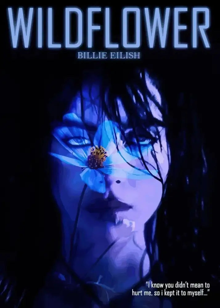 Blue-toned canvas art featuring billie eilish wildflower stylized portrait with glowing lighting in decorbites b-billies series poster