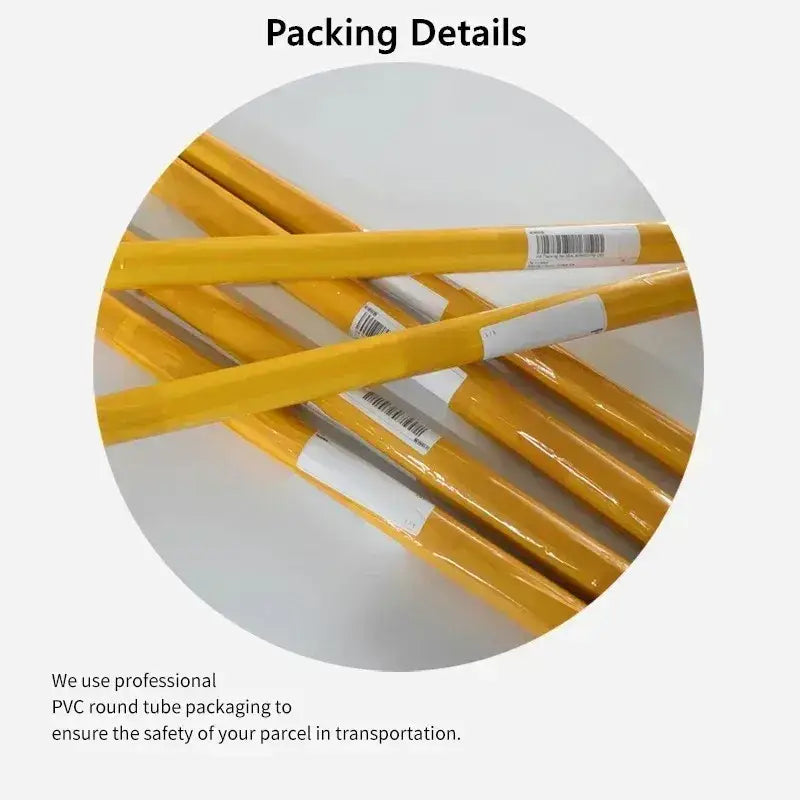 Yellow pvc round tubes wrapped in protective plastic with barcode labels for DecorBites™ b-billies series poster canvas art