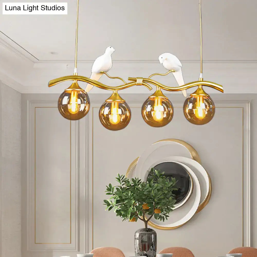 Decorbites postmodern black gold iron pendant light with amber ball glass shades and white ceramic bird decor