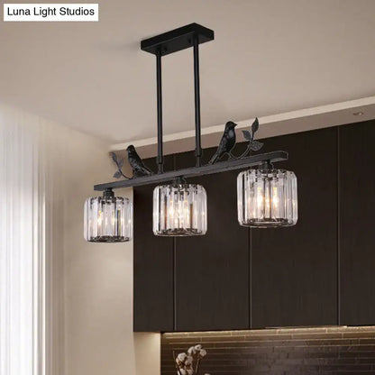 Postmodern black gold hanging island light with three clear crystal glass shades and decorative bird figures 220v-240v 110v-120v