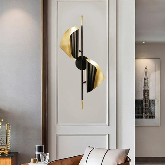 Postmodern gold and black wall mounted lamp metal sheet sconce with sleek sculptural leaf-like shades for stairway wall light
