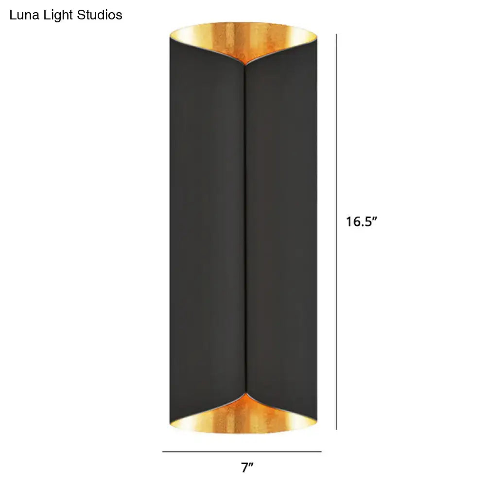 Postmodern black cylindrical metal wall lamp with gold-finished inner rims for stairwell sconce lighting