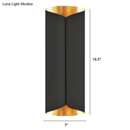 Postmodern black cylindrical metal wall lamp with gold-finished inner rims for stairwell sconce lighting