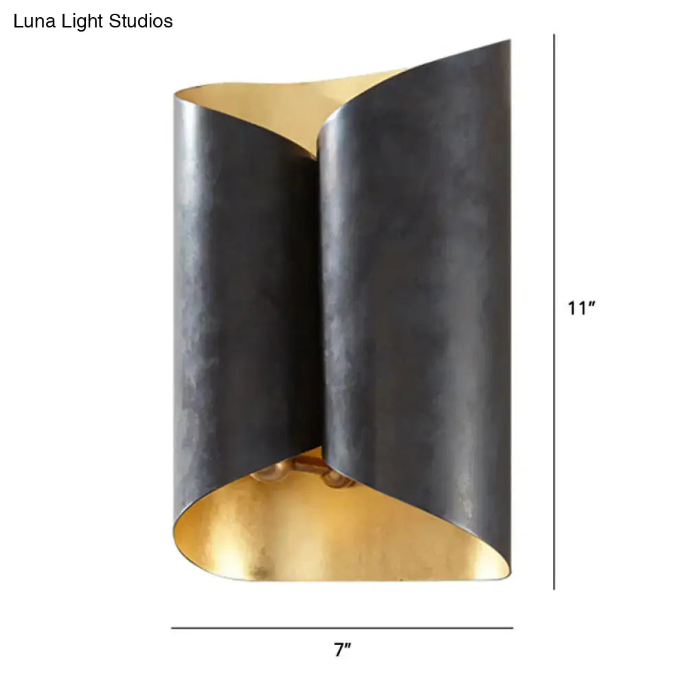 Postmodern black and gold metallic wall lamp with sculpted folded roll design for stairwell sconce lighting