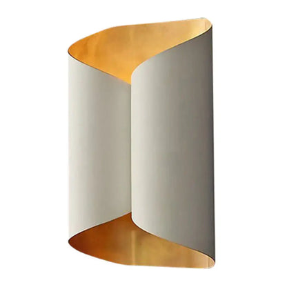 Modern wall lamp with sleek curved metal design featuring off-white exterior and warm gold interior for stairwell use