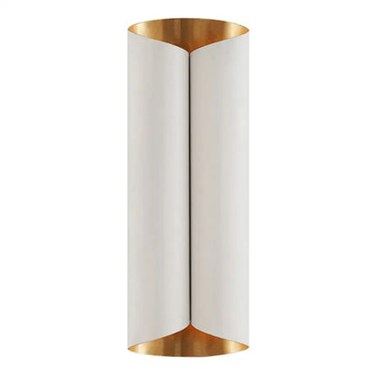 A sleek postmodern wall lamp with a matte white cylindrical metal body and polished gold interior accents