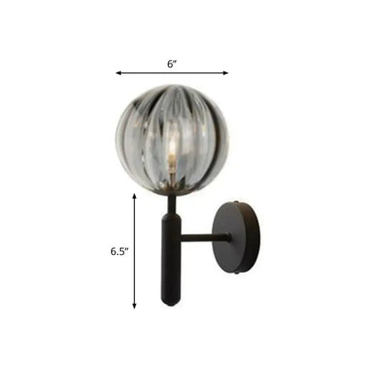 Postmodern black gold metal wall sconce with ribbed glass globe for bedroom lighting 110v-120v