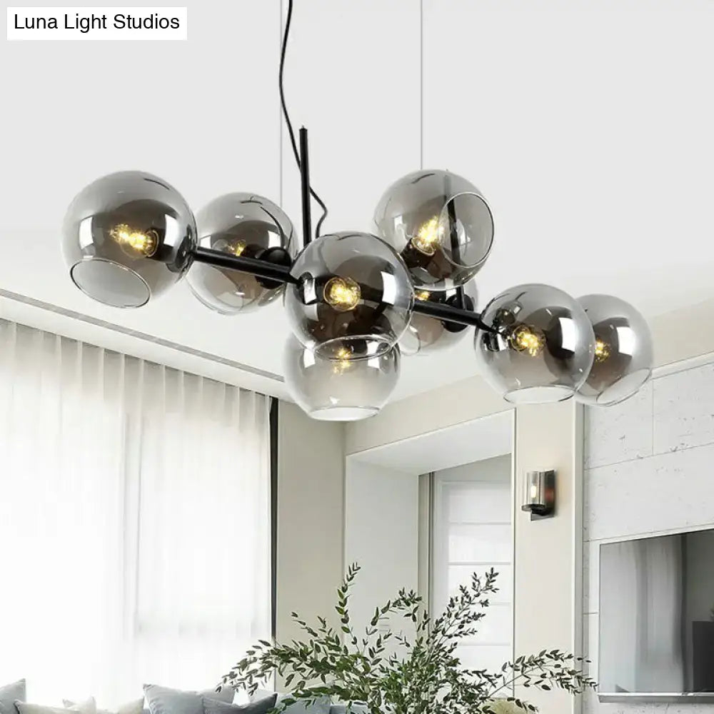 Modern black metal 8 head chandelier with clear smoke glass globe shades for dining room lighting type