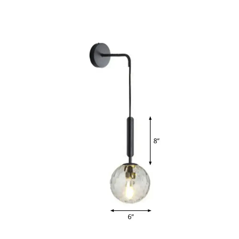 Postmodern black metal wall lamp with textured frosted glass globe shade for bedroom lighting