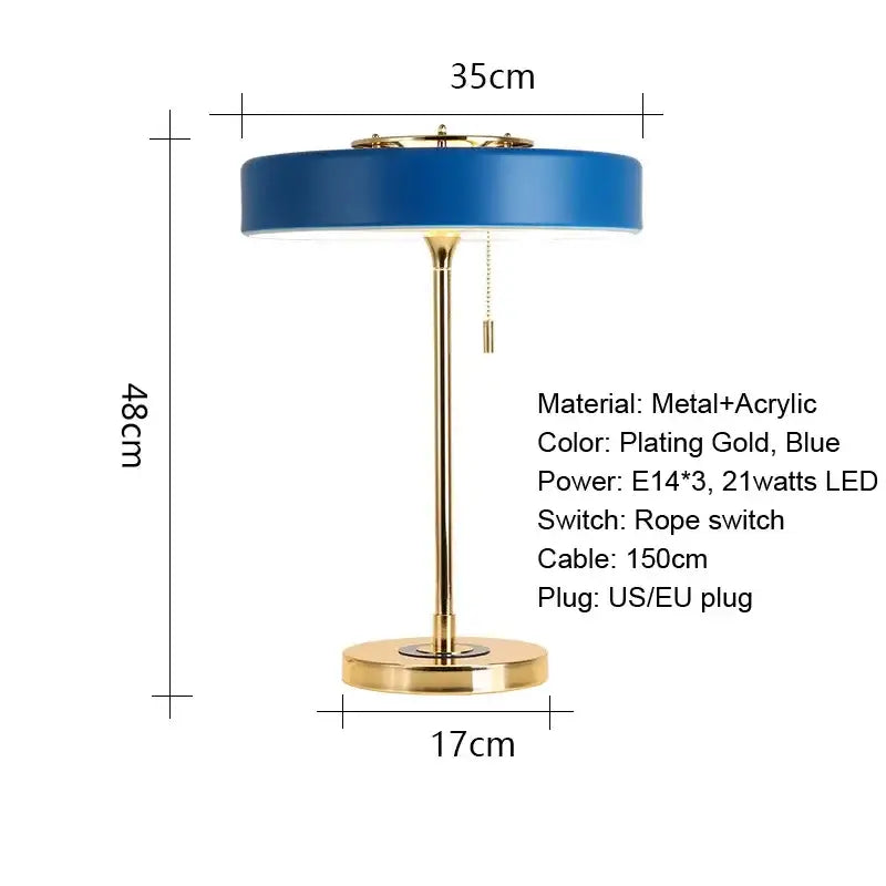 Postmodern blue and gold led bedside table lamp with acrylic shade gold-plated base rope switch decorbites led bedside