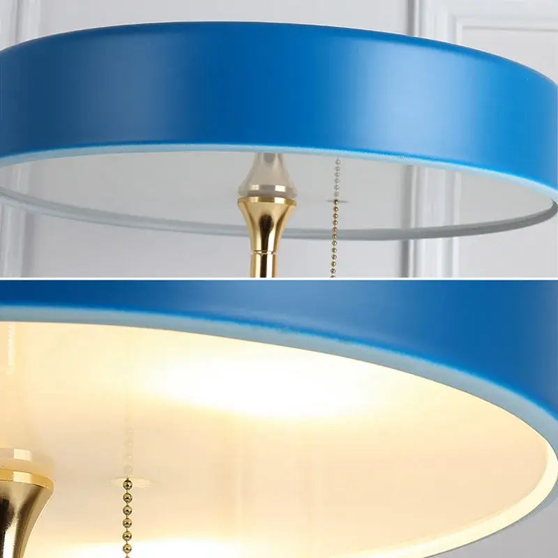 Postmodern blue and gold led bedside table lamp with circular lampshade and metal chain for decorbites led bedside use