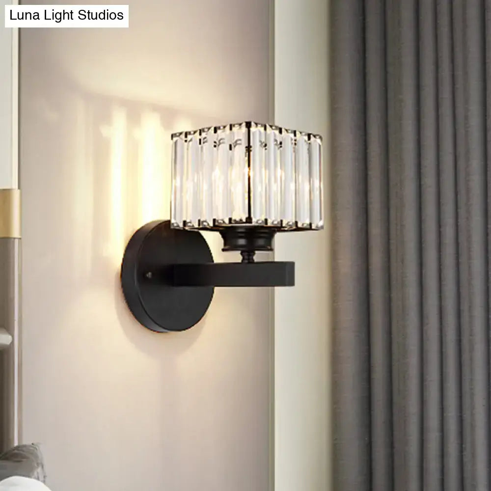 Postmodern brass black crystal block wall sconce with square crystal cage for bedroom lighting decor