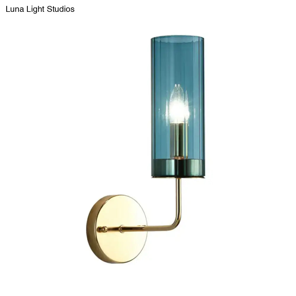Blue cylindrical wall lamp with brass finish metal arm and mounting plate compatible with e12 e14 bulbs