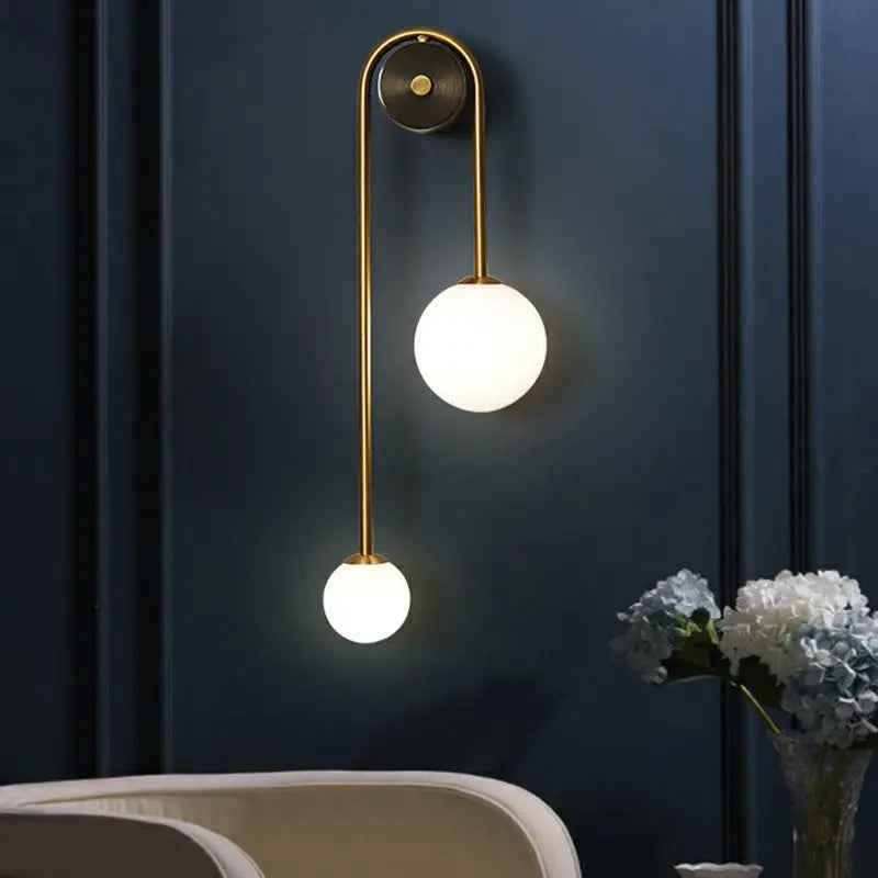 Gold-toned DecorBites postmodern brass wall sconce light with two opal glass shades 220v-240v 110v-120v compatible