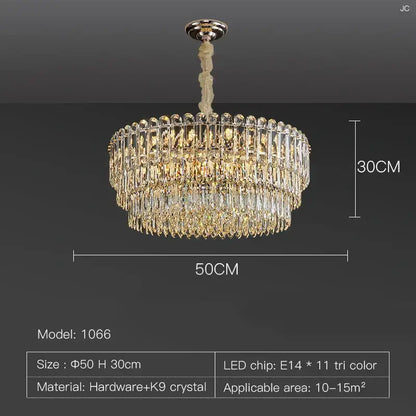 Postmodern clear and gold decorbites crystal chandelier with cascading k9 crystals and polished chrome finish for dining room