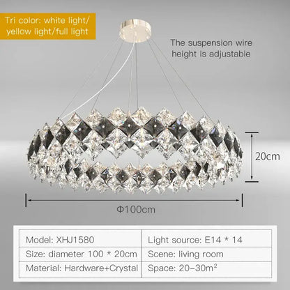 A postmodern decorbites crystal chandelier with clear and smoky faceted rings and metallic ceiling mount for living room