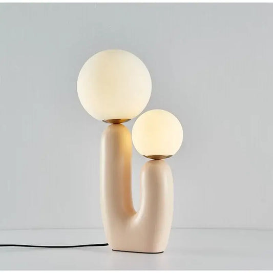 Postmodern cream glass table lamp with two spherical shades and gold accents for bedroom decorbites glass table use