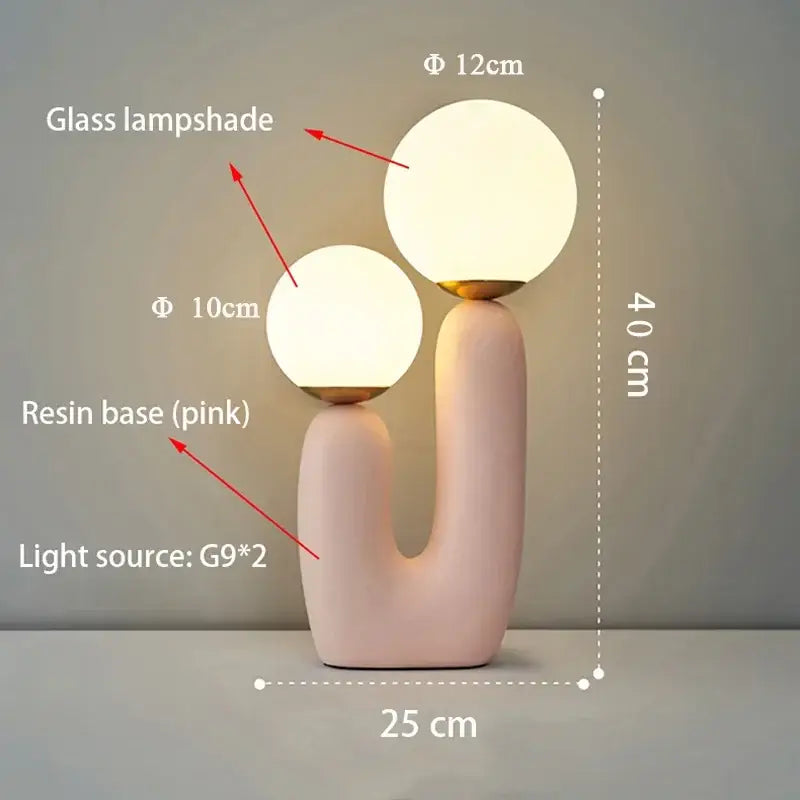 Pink resin decorbites glass table lamp with two cream glass globe shades for bedroom decorbites glass table use