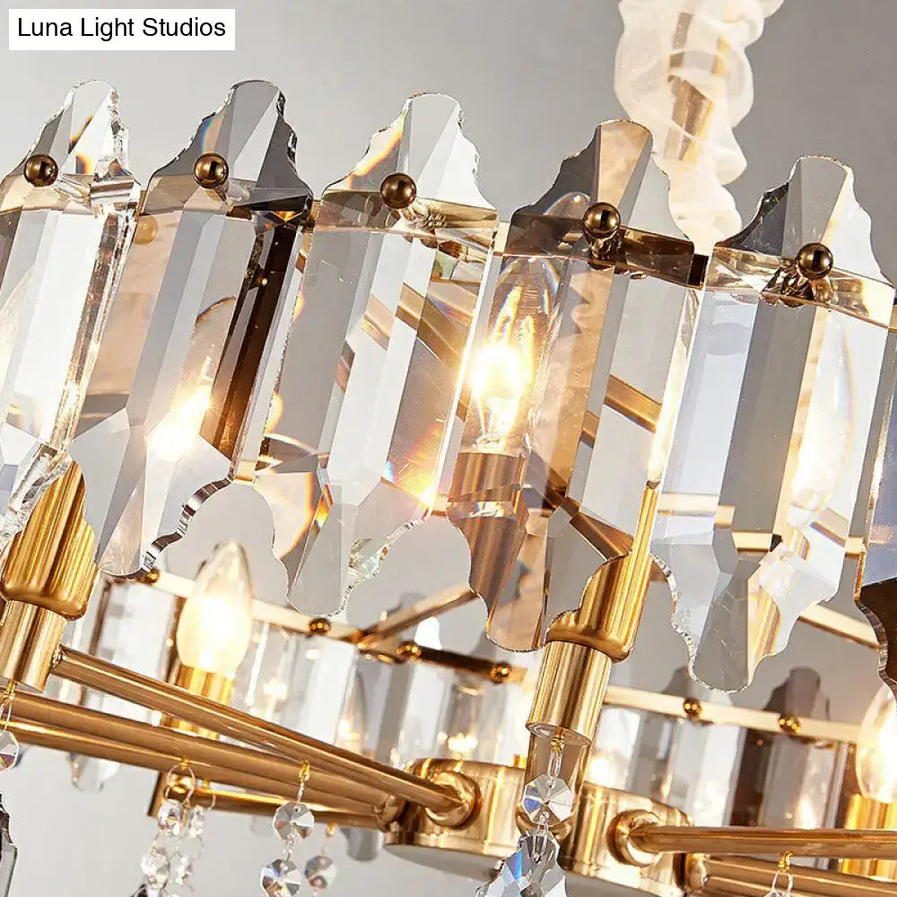 DecorBites™ postmodern crystal chandelier with gold-toned brass and clear loop shade for elegant living room decor