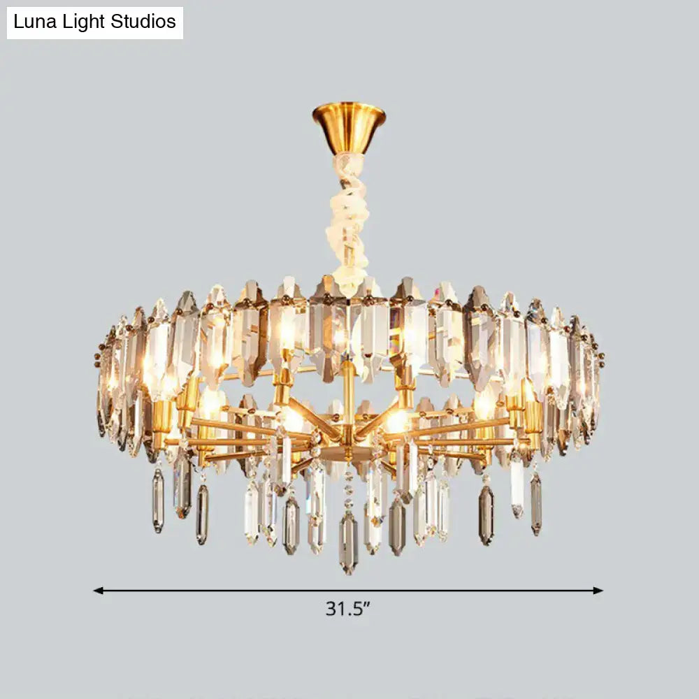 Gold-toned DecorBites™ postmodern crystal chandelier with clear and frosted prisms for living room decor