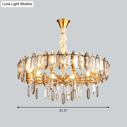 Gold-toned DecorBites™ postmodern crystal chandelier with clear and frosted prisms for living room decor