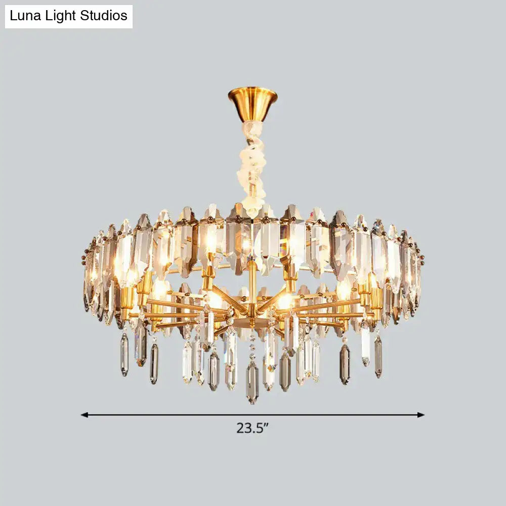 DecorBites™ postmodern crystal chandelier with gold tone clear loop shade and teardrop prisms for living room