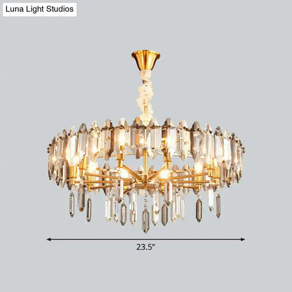 DecorBites™ postmodern crystal chandelier with gold tone clear loop shade and teardrop prisms for living room