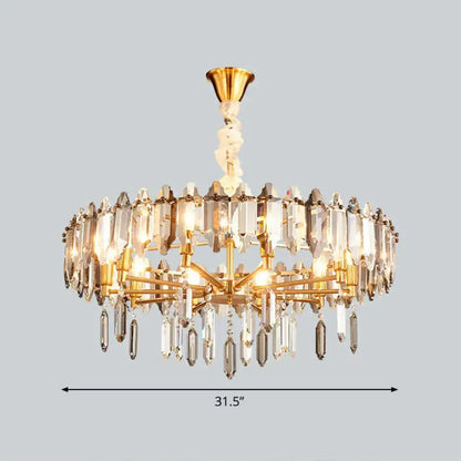Gold-toned DecorBites™ postmodern crystal chandelier with clear prisms and faceted droplets for living room decor
