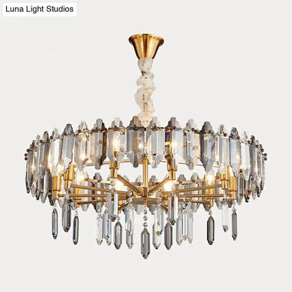 Gold-toned DecorBites™ postmodern crystal chandelier with clear and smoky prisms for living room lighting