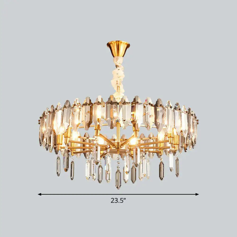 Gold-toned decorbites postmodern crystal chandelier with clear and frosted prisms and teardrop crystals for living room