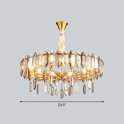 Gold-toned decorbites postmodern crystal chandelier with clear and frosted prisms and teardrop crystals for living room